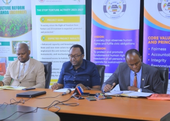 Representatives from Uganda Human Rights Commission and African Center for Treatment of Torture Victims , addressing the press in Kampala on Wednesday. (Courtesy photo)